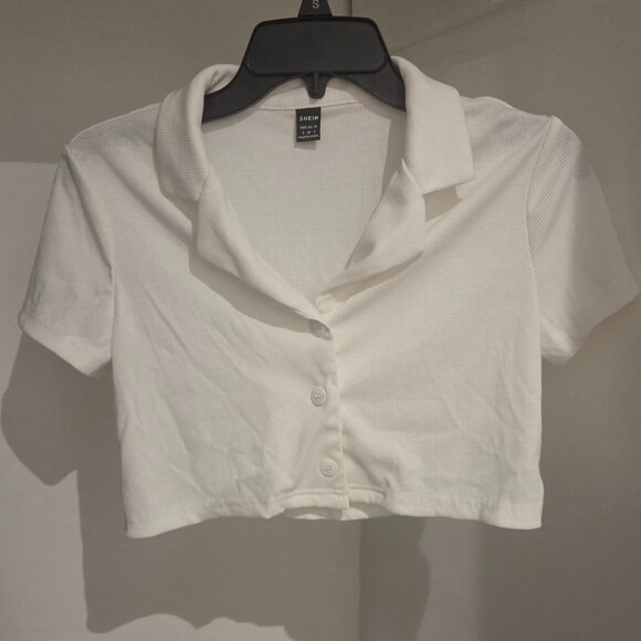 Shein White Cropped Button-Up Rib-Knit Short Sleeve Collared Shirt - Picture 1 of 1